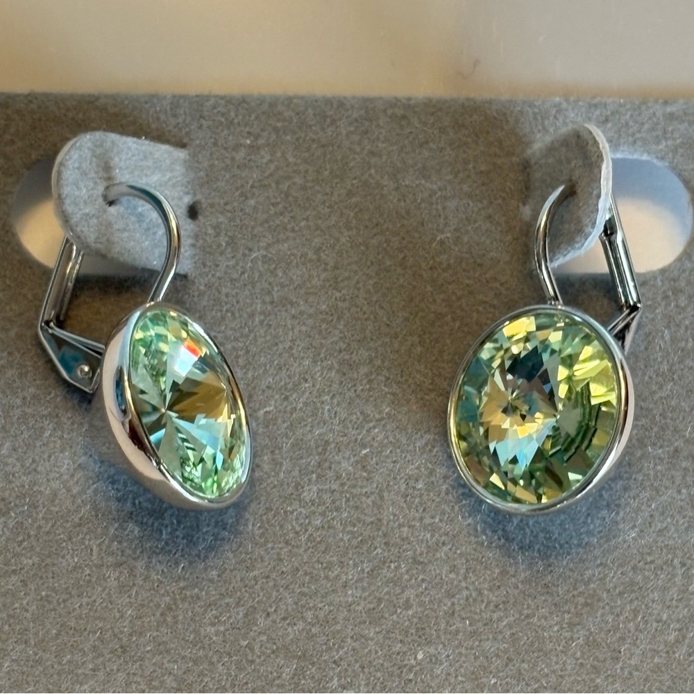 Light Lime Green Small Bella-Style Swarovski Crystal Rhodium Leverback Earrings - Picture 13 of 16